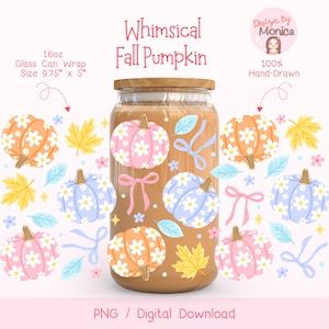 May include: A glass can wrap featuring a whimsical fall pumpkin design. The design includes pumpkins in pink, orange, and blue, adorned with white flowers. The text "Whimsical Fall Pumpkin" is displayed above the can wrap. The size is 9.75" x 5".