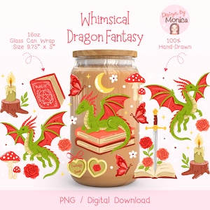 Dragon Fantasy Book Cup Wrap PNG, Magical Libbey Glass Can Wrap, Enchanted Book Tumbler Design, Fairy Tale Iced Coffee Wrap, Book Lover Gift