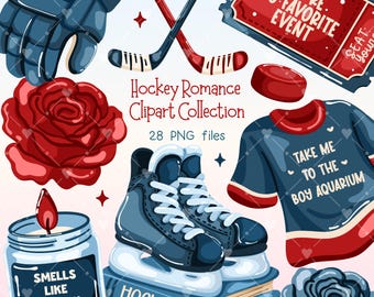 Hockey Romance Clipart Set, Hockey Bookish PNG Bundle, Sport Romance Illustrations, Hockey Stickers