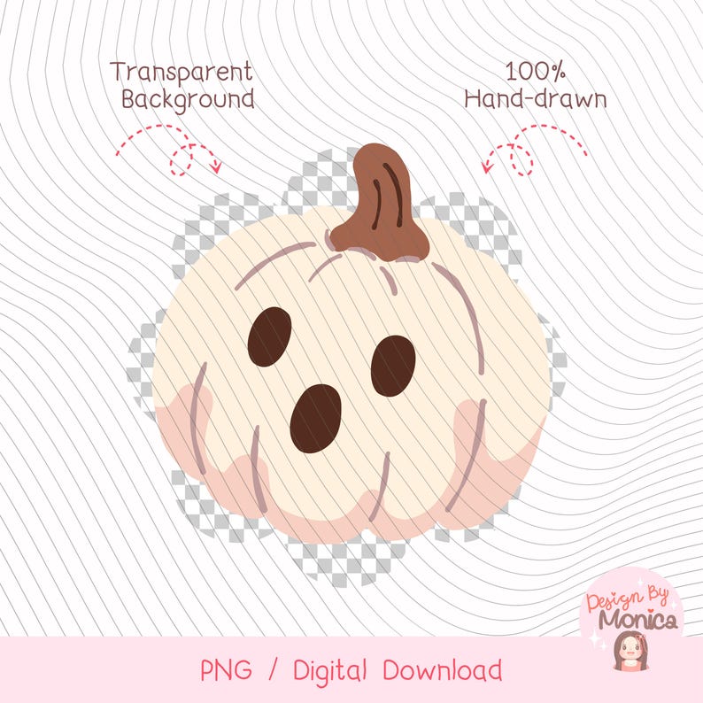 May include: A digital illustration of a cream-colored pumpkin with a brown stem and a surprised face featuring two round eyes and an oval mouth. The pumpkin is set against a transparent checkerboard background with text reading Transparent Background, 100% Hand-drawn, and Design by Monica.
