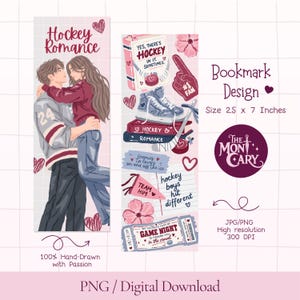 Puede incluir: Dos marcapáginas verticales con temática de romance de hockey. Uno muestra a una pareja abrazada, el otro muestra ilustraciones de hockey que incluyen un libro, patines, un dedo de espuma, un banderín y un boleto. El texto incluye Hockey Romance.