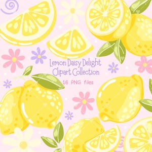 Könnte beinhalten: Digitale Illustration mit Zitronen, Zitronenscheiben, grünen Blättern und Blumen in Rosa, Weiß und Lila. Der Text "Lemon Daisy Delight Clipart Collection" ist auf einem rosa Hintergrund dargestellt.