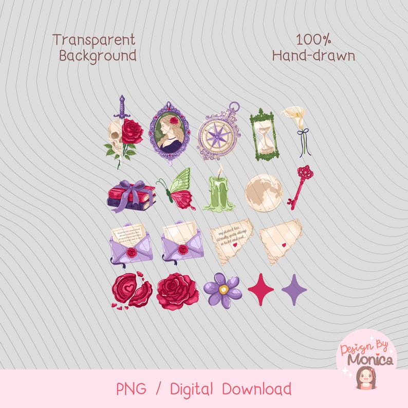 Victorian Dark Romance Clipart Set, Dark Academia PNG Bundle, Gothic Bookish Illustrations, Bookish Stickers image 2