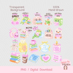 K&ouml;nnte beinhalten: Ein digitaler Download mit handgezeichneten Illustrationen von B&uuml;chern, Tieren und Accessoires. Die Bilder enthalten Texte wie "Probably Reading Smut" und "Just a Girl Buying Books". Die Farbpalette ist haupts&auml;chlich rosa, gr&uuml;n und gelb.