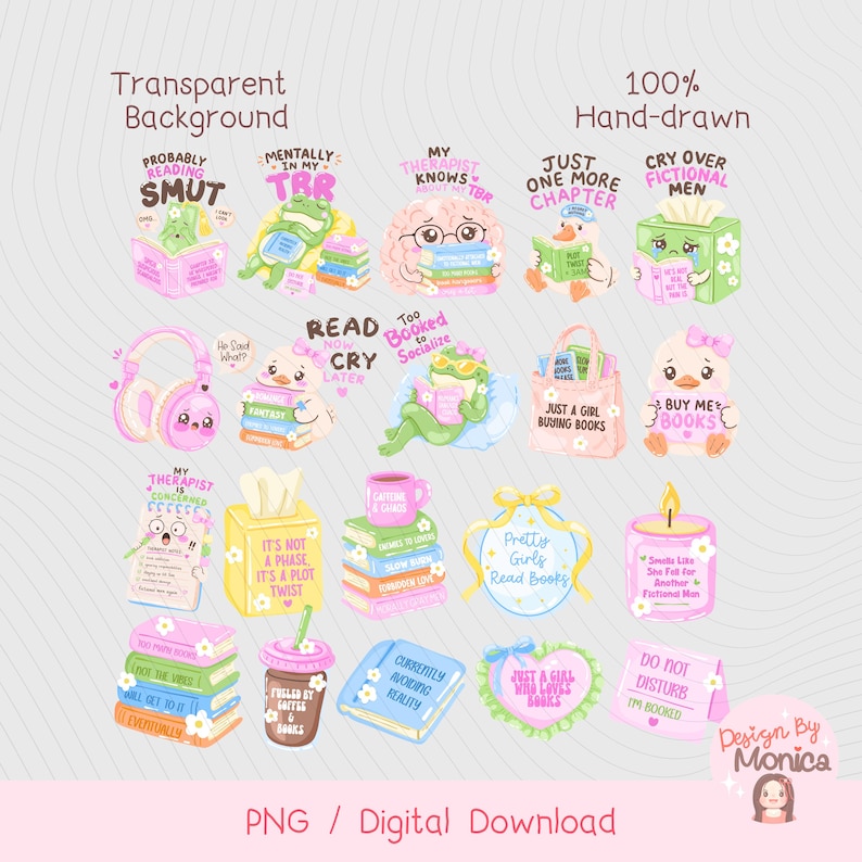 K&ouml;nnte beinhalten: Ein digitaler Download mit handgezeichneten Illustrationen von B&uuml;chern, Tieren und Accessoires. Die Bilder enthalten Texte wie "Probably Reading Smut" und "Just a Girl Buying Books". Die Farbpalette ist haupts&auml;chlich rosa, gr&uuml;n und gelb.