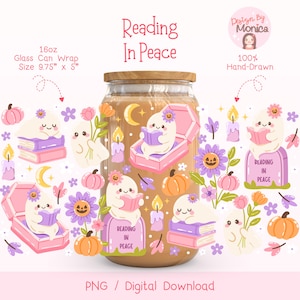May include: A glass can wrap with a wooden lid, featuring a whimsical design. The design includes cute ghost characters reading books, pumpkins, flowers, and the text "Reading In Peace." The wrap measures 24.77 cm x 12.7 cm.