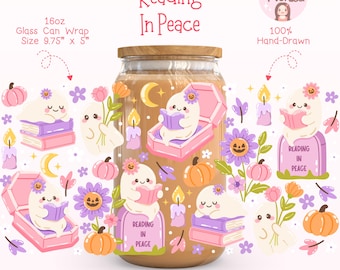 Bookish Ghost Cup Wrap PNG, Spooky Halloween Libbey Glass Can Wrap, Cozy Reading Iced Coffee Wrap, Cute Ghost Book Lover Gift