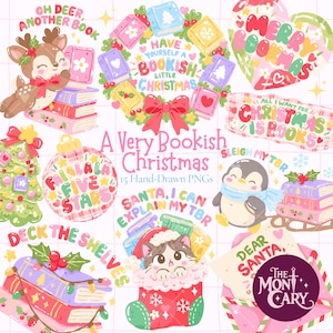 May include: A collection of digital illustrations featuring a deer, a penguin, and a cat in a stocking, all surrounded by stacks of books, Christmas wreaths, and ornaments with text including "Oh Deer, Another Book" and "A Very Bookish Christmas."