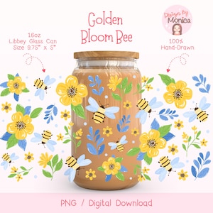 Golden Bloom Bee Libbey Glass Can Wrap PNG, Honeybee Cup Wrap, Summer Wildflower Glass Wrap, Cute Cottagecore Bee Cup Wrap, Boho Drinkware
