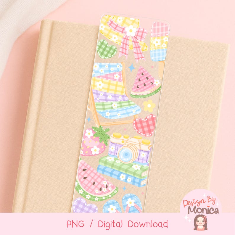 May include: A transparent bookmark featuring summer illustrations. The design includes a hat, beach chair, watermelon slices, camera, and other summer icons. The text "PNG / Digital Download" is at the bottom.