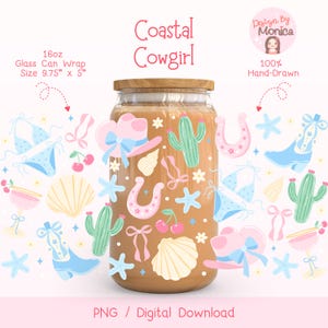 Coastal Cowgirl Libbey Glass Wrap PNG, Western Beach Aesthetic Tumbler Wrap, Boho Summer Drink Cup Design, Cute Cowgirl Coastal Glass Wrap