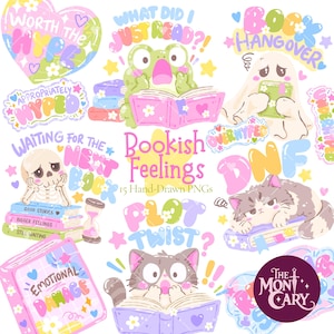 May include: A collection of fifteen colorful digital illustrations featuring pastel-themed bookish graphics, including a frog, a ghost, a skeleton, and cats reading books with text overlays like Worth The Hype, Book Hangover, and Emotional Damage.