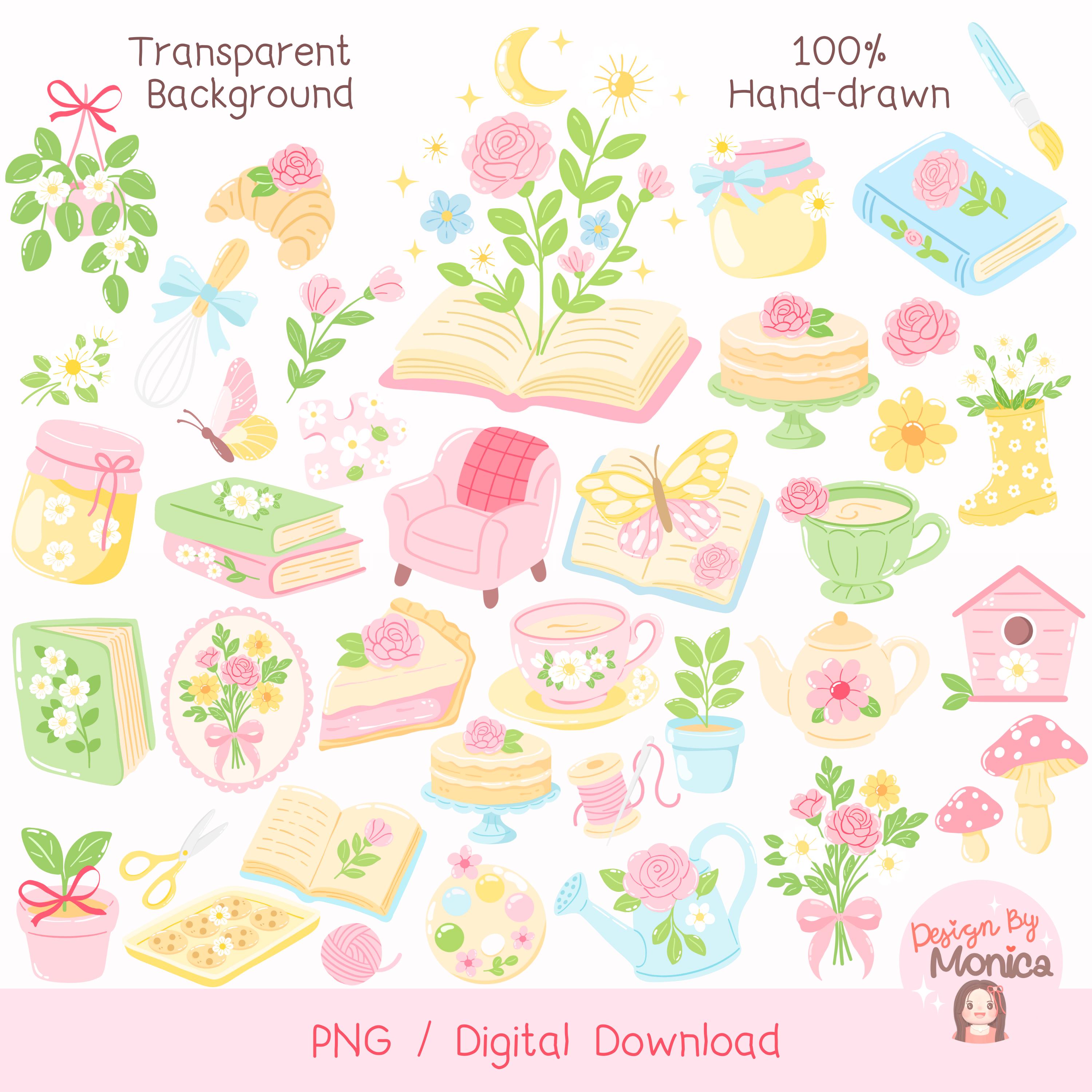 Cottagecore Bookish Clipart Set, Cozy Garden Tea Books PNG, Cute ...