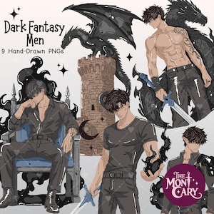 Puede incluir: Un conjunto de ilustraciones digitales titulado Dark Fantasy Men 9 Hand-Drawn PNGs que muestra varios personajes con cabello oscuro, espadas y dragones negros. Un personaje está sentado en un trono, otro sostiene una espada y se ve una torre.