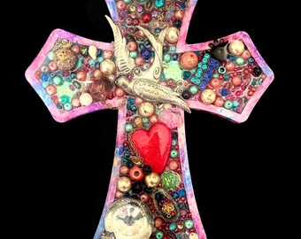 Broche Croix En Métal Avec Strass Irisés - État Neuf - Occasion Comme Neuve