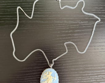 Vintage Blue Jasperware Style Cameo Necklace Artemis Goddess Pendant 24”