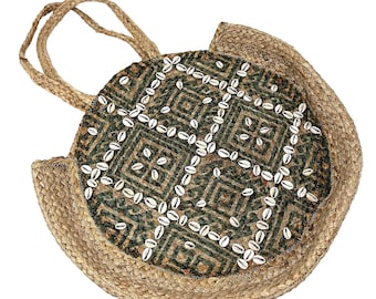 Philia & Agape Round Straw Beach Tote Bag Cowrie Shell Boho 17x15 NWOT