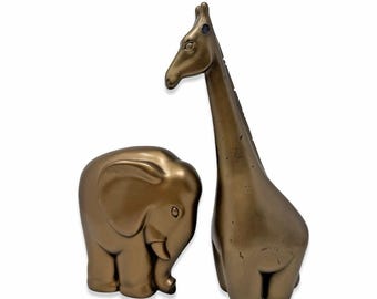 Vintage Market Bazaar Giraffe & Elephant Figurine Set Bronze Tone Heavy Decor