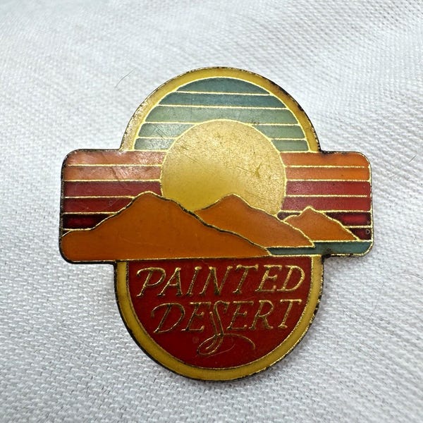 Vintage geschilderde woestijn souvenir reversspeld – geëmailleerde woestijn zonsondergang – circa 2,5 cm