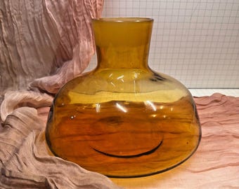 Vintage MCM Medium Amber Retro Brown Honey Vase 7&quot; Frosted Brim EUC