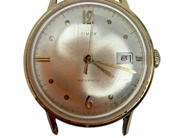 Vintage Timex Waterproof Date Watch Gold Tone 33mm Mens Wristwatch Parts Repair