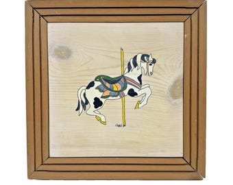 Vintage Folk Art Carousel Horse Painting on Wood 12x12 Signed Framed