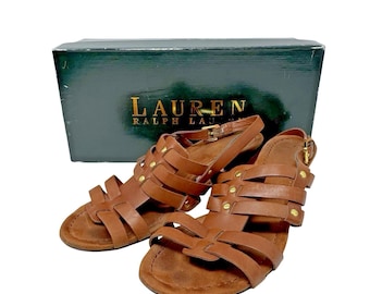 Lauren Ralph Lauren LRL Sandals Lucetta Brown Tan Leather Strappy Buckle Wms 7B