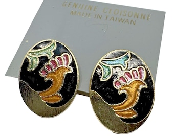 Vintage Cloisonné Clip On Earrings Floral Oval Gold Tone 1” Made Taiwan Black