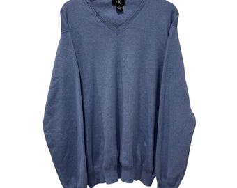 Vintage Calvin Klein herenmaat XL, blauwe trui met V-hals, lange mouwen, lange mouwen EUC