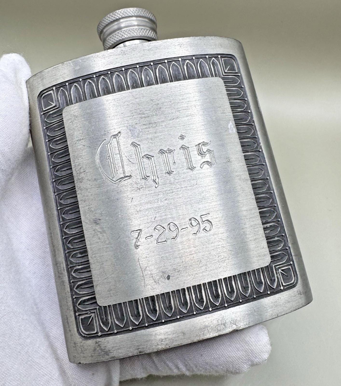 Vintage Kings Pewter Engraved Flask Thailand “chris 7-29-95