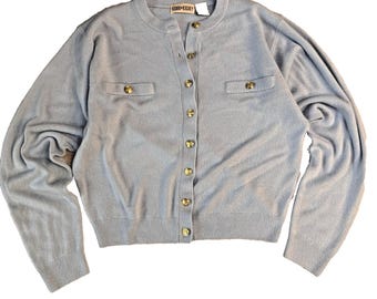 VTG Kerri N Kelsey Women’s Light Blue Gold Etch Buttons Knit Sweater Size Medium