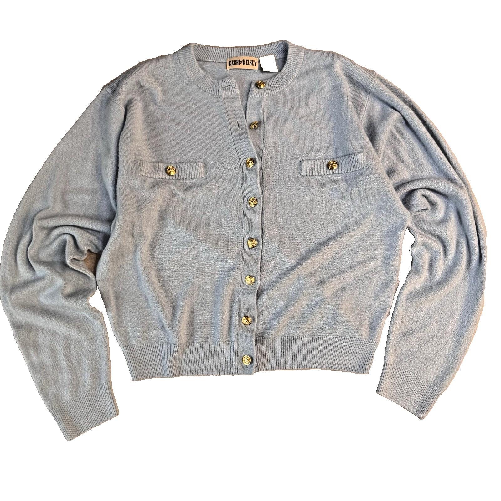 VTG Kerri N Kelsey Women's Light Blue Gold Etch Buttons Knit