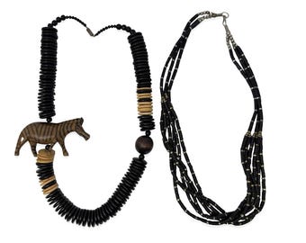 Lot of 2 African Tribal Style Beaded Necklaces Wood Zebra Black Wooden Beads