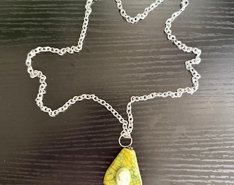 Modern Cameo Pendant Necklace Yellow Green Marbled Resin Statement Jewelry 1.75”
