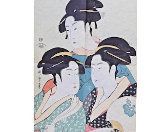 Vintage Japanese Art Print Three Geisha Women Ukiyo-e Style 18.5x26.5 Folded