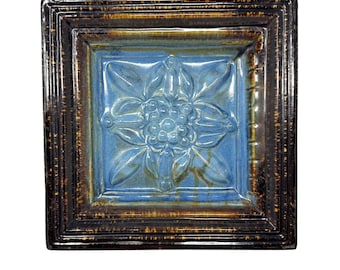 Vintage Blau glasierte Keramik Kamin Ofen Kachel 9,25 '' Floral Star Relief 4,2 Pfund