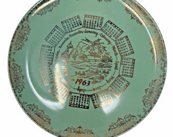 Vintage 1963 Pebbleford Calendar Plate Aqua Turquoise Gold Windmill Taylor Smith