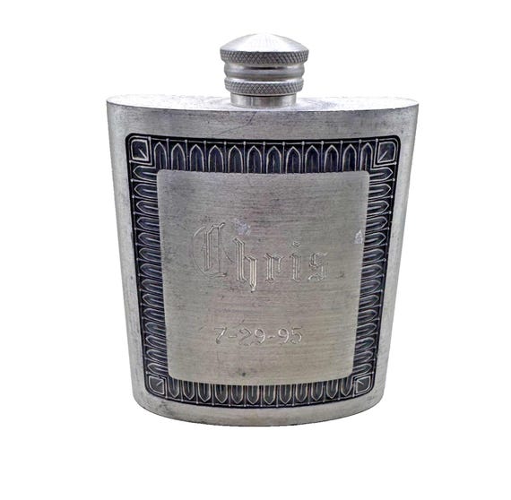 Vintage Kings Pewter Engraved Flask Thailand “chris 7-29-95