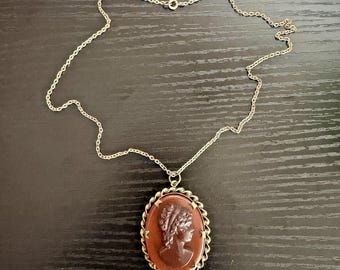Vintage Brown Cameo Necklace Oval Lady Profile Gold Tone Rope Frame 18”