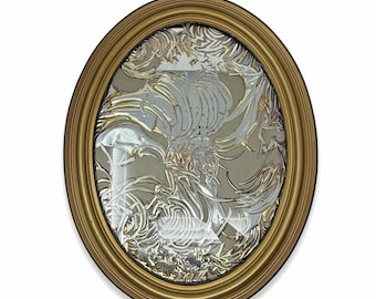 Vintage Hollywood Regency Oval Reverse Painted Glass Wall Art Gold Frame 19x14