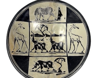 Vintage African Etched Art Pottery Bowl Safari Animal Tribal Decor 10”