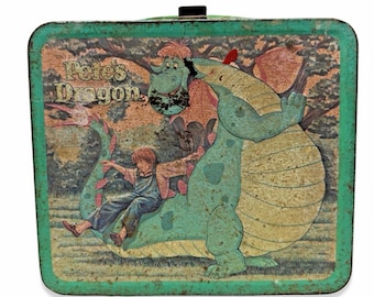 Boîte à lunch en métal vintage Pete's Dragon Disney Aladdin sans thermos des années 1970 rustique