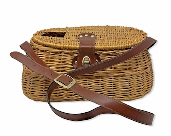 Cestino da pesca vintage in vimini per picnic, con tracolla in rattan e pelle, 40 cm.
