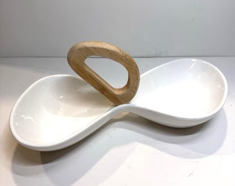 VTG Brandani Italy White Porcelain Divided Dish Bamboo Handle Appetizers MCM