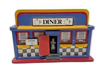 Rare Vintage 9" Wooden Diner Music Box "Let's Have Another Cup of Coffee" Works