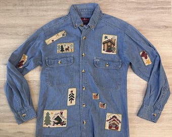 VTG Silenzio Shirt Sz Medium manches longues Rockabilly Patch Teacher Noël EUC
