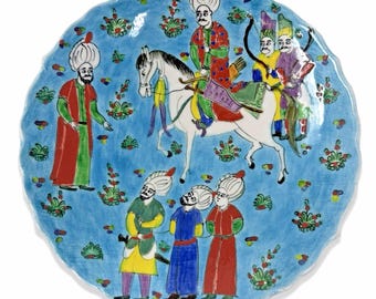 Assiette murale vintage turque en céramique peinte à la main Kutahya, conte d'Aladin 23 cm, signée