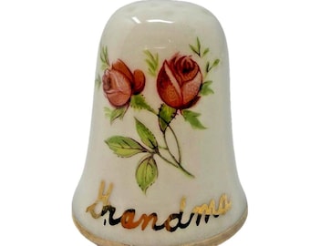 Vintage Porcelain Thimble “Grandma” Hand Painted Roses Gold Trim 1”