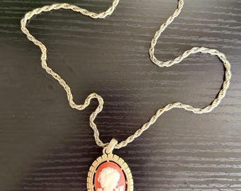 Vintage Cameo Necklace Red Orange White Lady Profile Gold Tone Pendant 2”