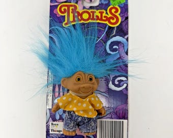 Vintage 90s Toys N' Things Troll Doll Blue Hair Polka Dot Shirt #4014